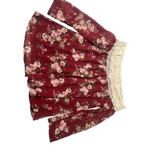 Adara Burgundy Floral Off The Shoulder Crochet Lace Trim Blouse Top Large